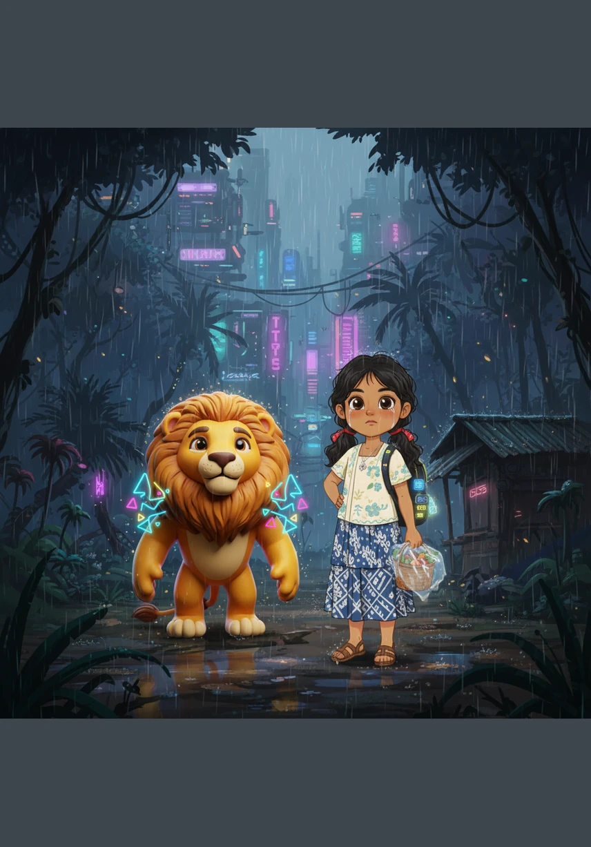 Just as Melati begins to lose her strength, a familiar golden shape emerges from the curtain of rain at the edge of the water. The lion has returned, his eyes fixed on the girl who once showed him such kindness in the very same jungle.