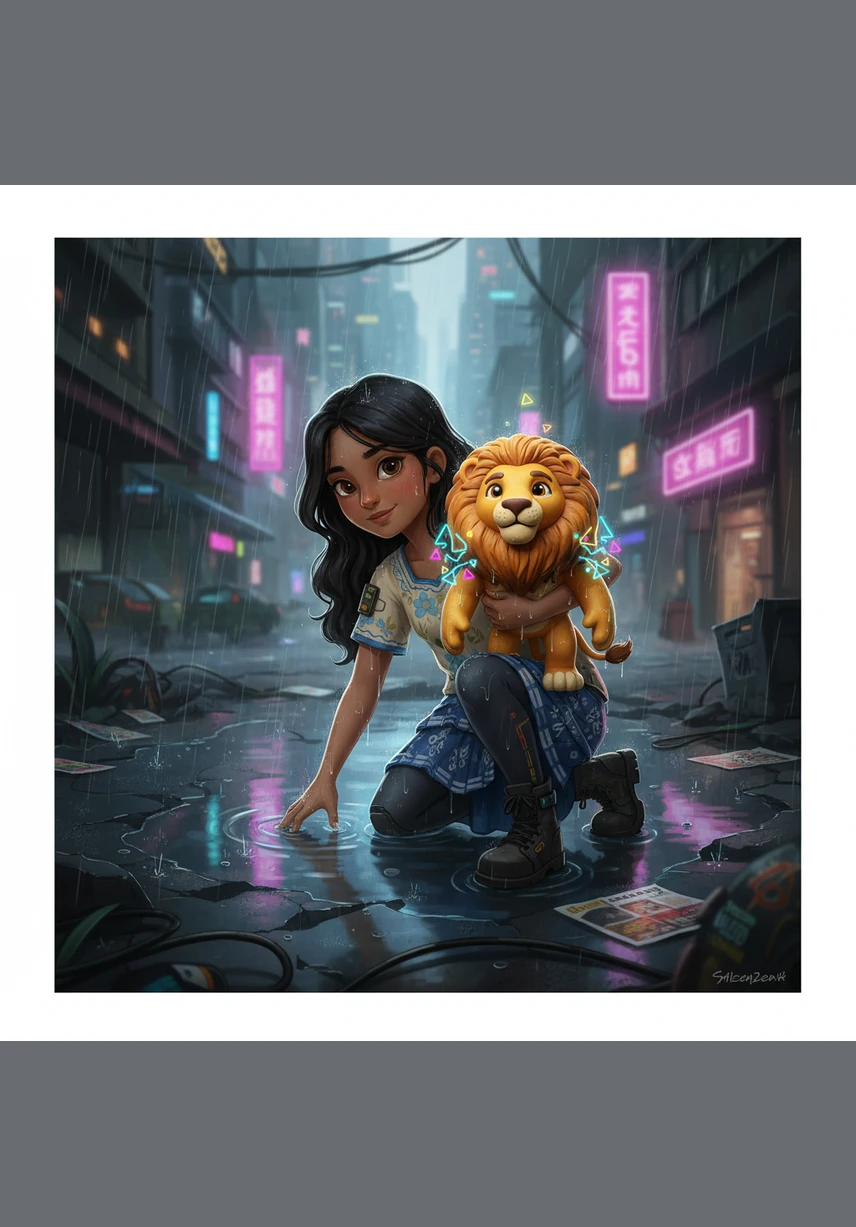 The lion quickly finds a long, sturdy fallen branch and uses his powerful jaws to push it toward the center of the pond where Melati is struggling. She reaches out and grabs the wood with all her might, and the lion slowly pulls her back toward the safety of the shore.