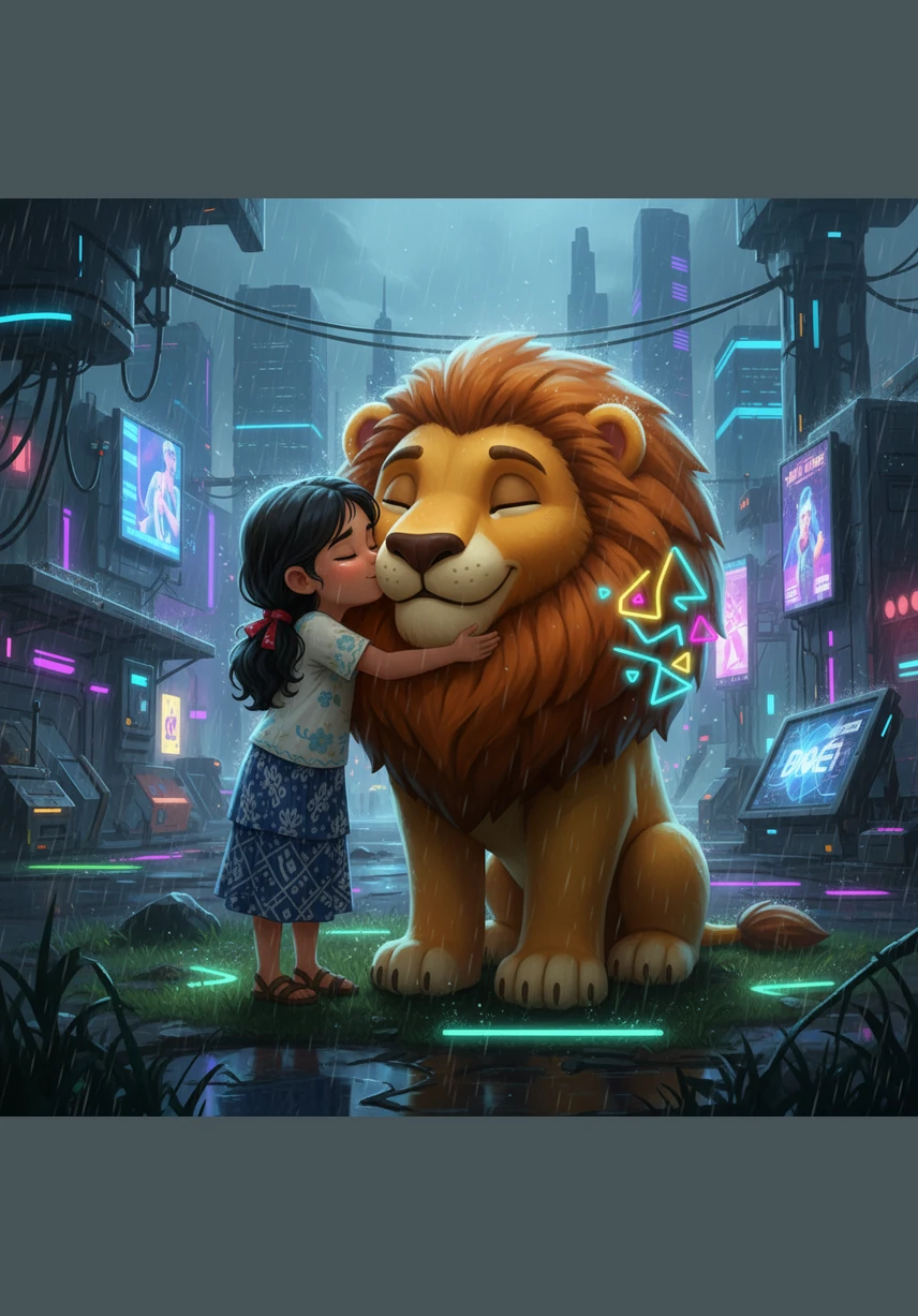 Safe on the grass and shivering from the cold, Melati wraps her arms around the lion’s thick mane to whisper a heartfelt thank you. Under the fading rain, the girl and the king of the jungle stand together, a testament to the enduring power of a simple act of mercy.