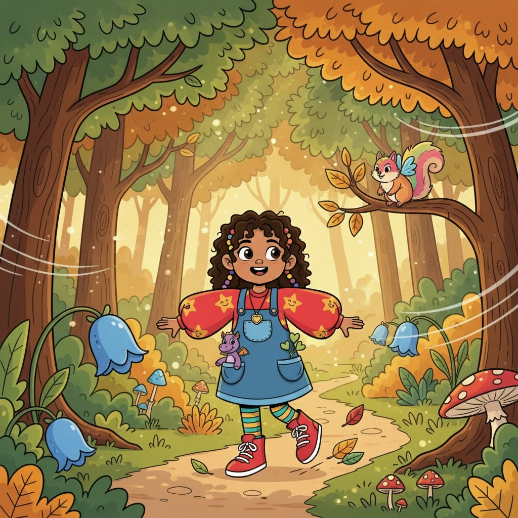 The woods were even more magical than she had imagined. Sunlight dappled through the leaves, illuminating strange and wonderful creatures. Srinika followed a winding path, her heart filled with excitement and a touch of nervousness. She heard the faint whisper of the wind rustling through the leaves.