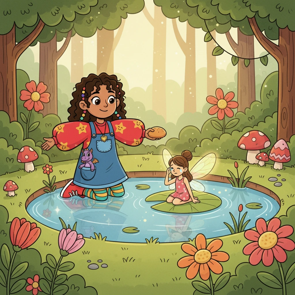 As she ventured deeper, Srinika stumbled upon a small, shimmering pond. A tiny, lost fairy with iridescent wings sat weeping on a lily pad. Srinika, without hesitation, approached the fairy, offering comfort and a piece of her bread.