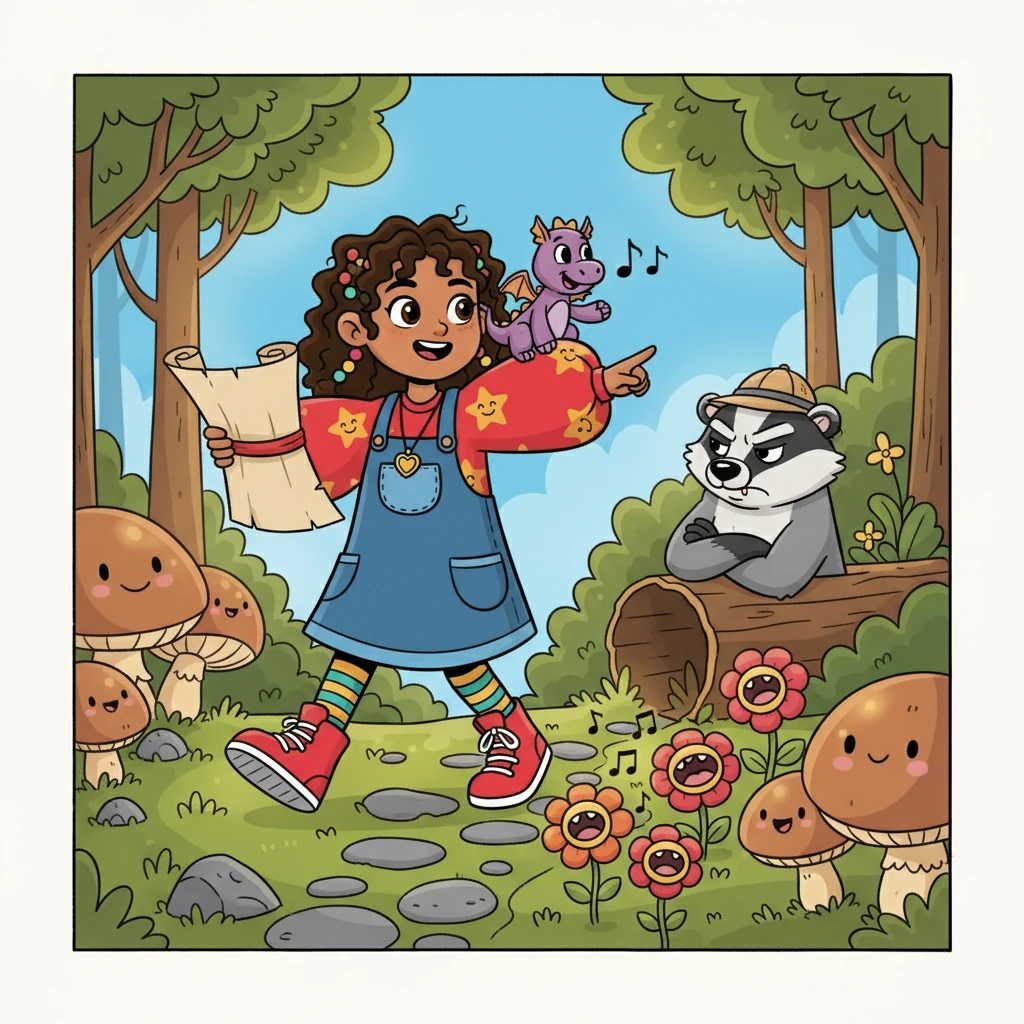 Their journey took them past giggling mushrooms and singing flowers. They encountered a grumpy badger who, after a bit of coaxing, shared a map of the woods. Srinika and Lumi worked together, their friendship growing stronger with each step.