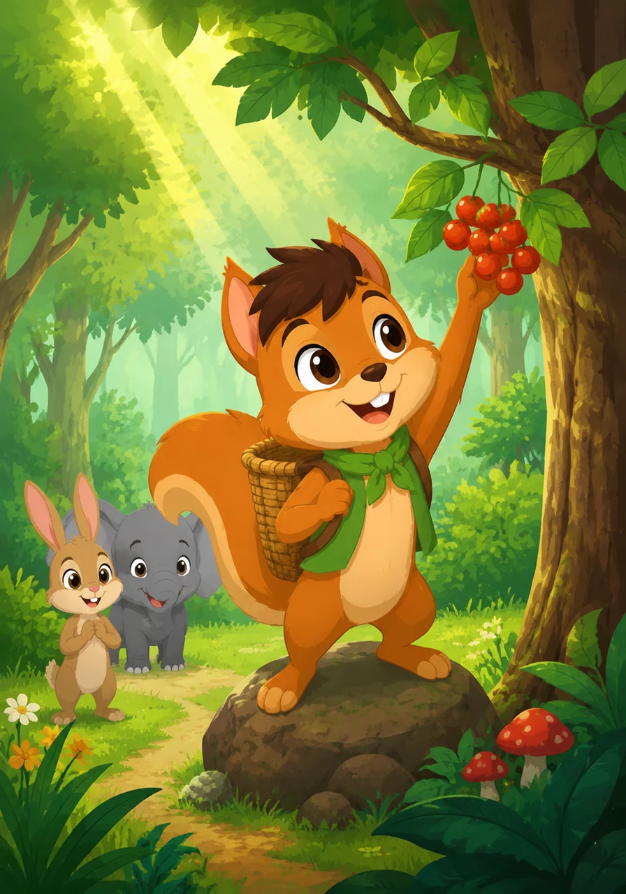 Di sebuah sudut Hutan Hijau yang cerah, Boni si tupai kecil yang lincah sedang bersiap-siap untuk memetik buah beri merah yang sangat langka. Cahaya matahari pagi menembus celah pepohonan, menyinari wajah Boni yang penuh semangat dan keranjang anyaman kecil di punggungnya.