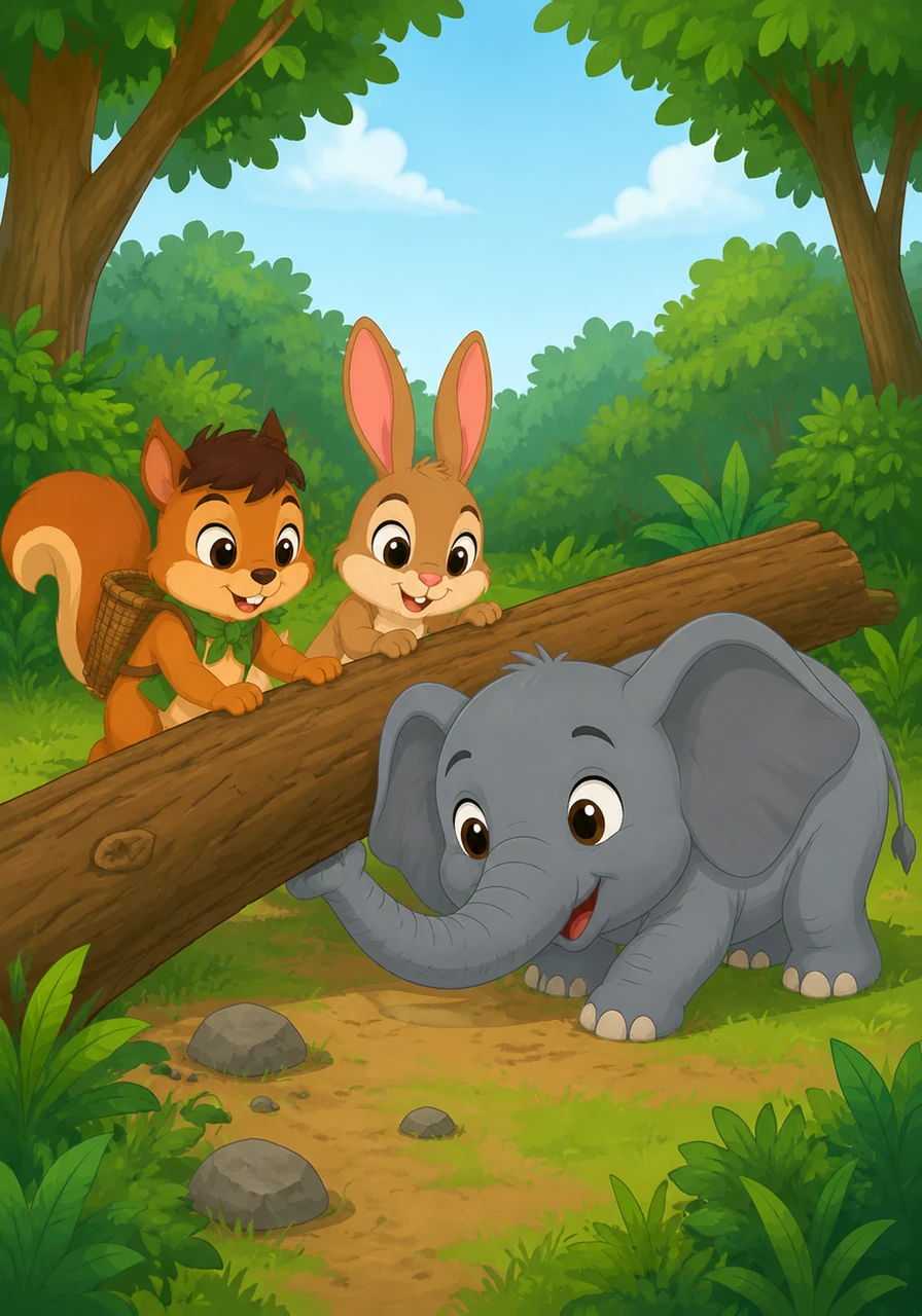 Tiba-tiba, Gani si gajah kecil muncul dari balik semak-semak dengan langkahnya yang mantap dan telinga yang lebar. Melihat teman-temannya kesulitan, Gani dengan senang hati bergabung dan meletakkan belalainya yang kuat di bawah batang pohon tersebut.