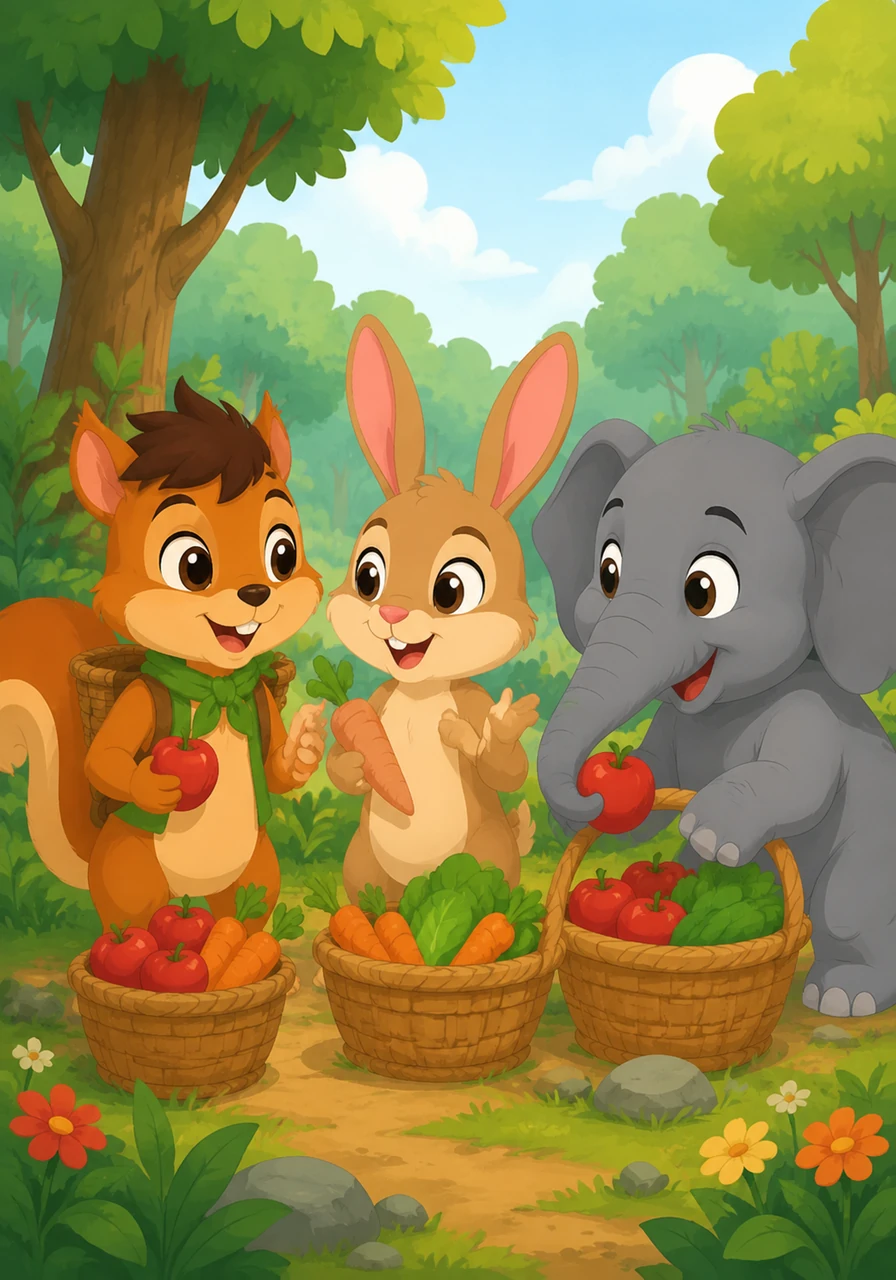 Sambil mengisi keranjang mereka, Boni, Kiki, dan Gani saling berbagi tawa dan cerita tentang betapa serunya bekerja sama. Mereka menyadari bahwa rintangan yang tadinya terlihat mustahil menjadi sangat mudah ketika dihadapi bersama-sama dengan hati yang tulus.