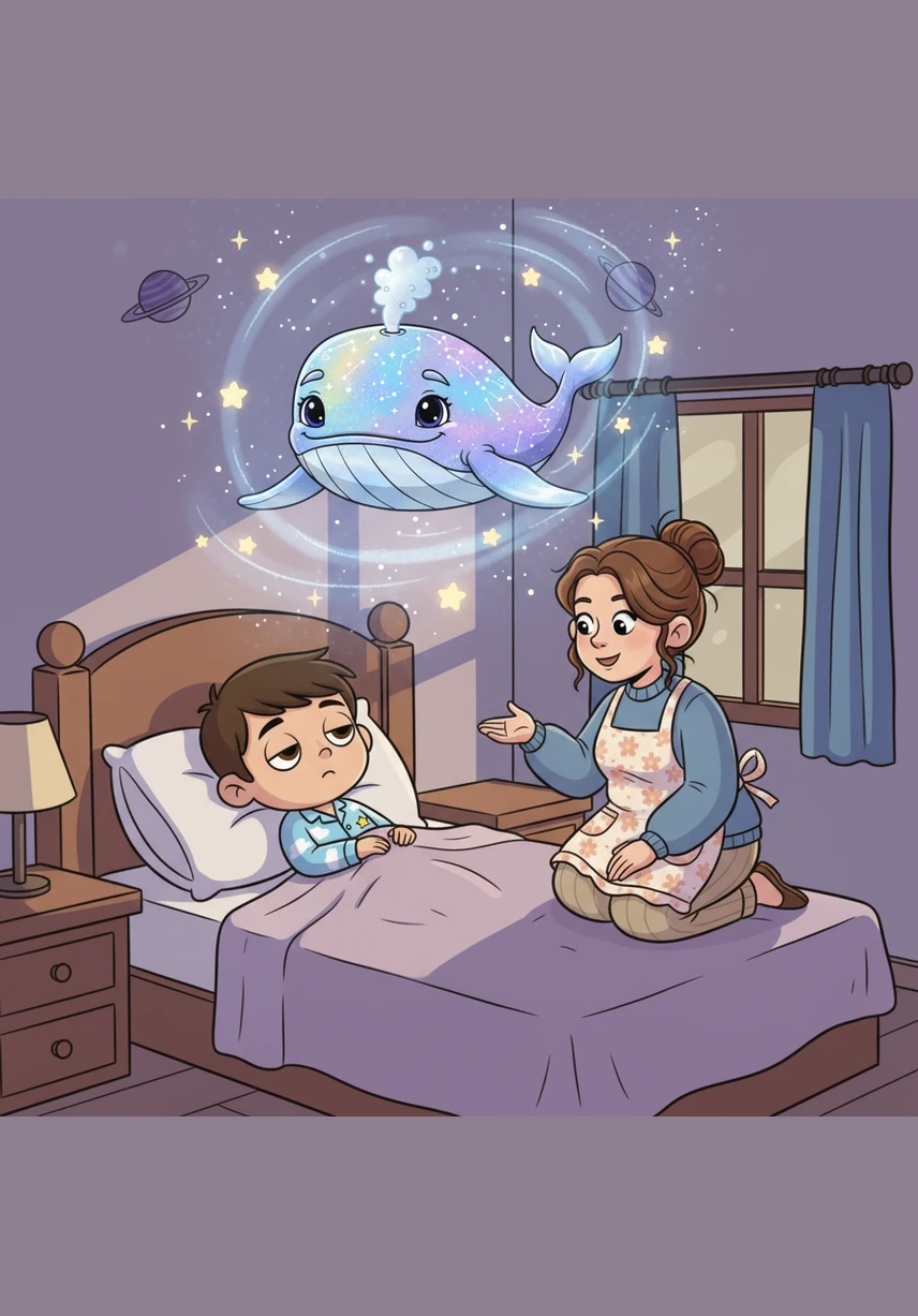 His mother whispered a story about the legendary Moon-Whale that swims through the ocean of stars. Oliver’s eyes grew heavy as he imagined the giant, glowing creature gliding past the planets. The room felt warm and safe, filled with the scent of lavender and soft shadows.