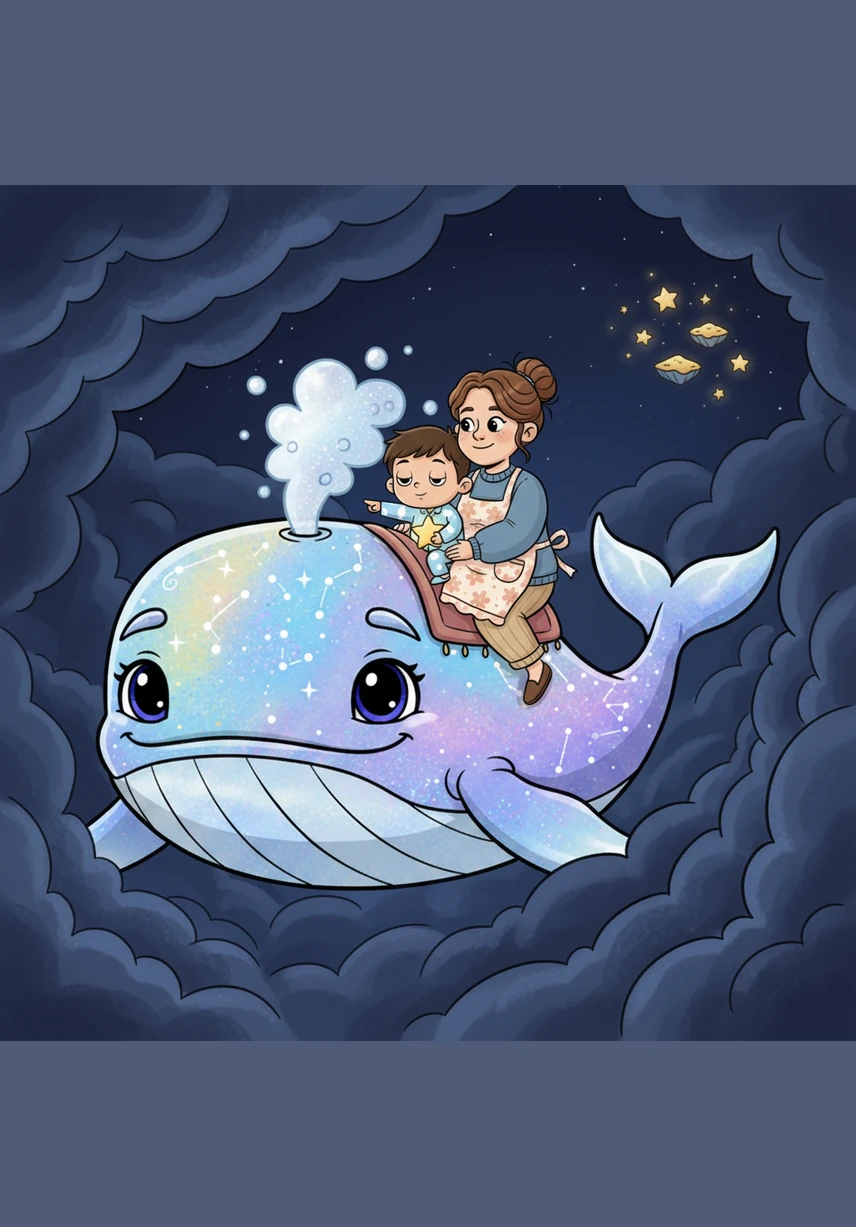 Out of the deep indigo mist, the Great Moon-Whale appeared with a gentle, low song. Its skin was made of shimmering stardust, and its eyes held the wisdom of a thousand years. Oliver climbed onto its broad, shimmering back, ready to see the secrets of the sky.