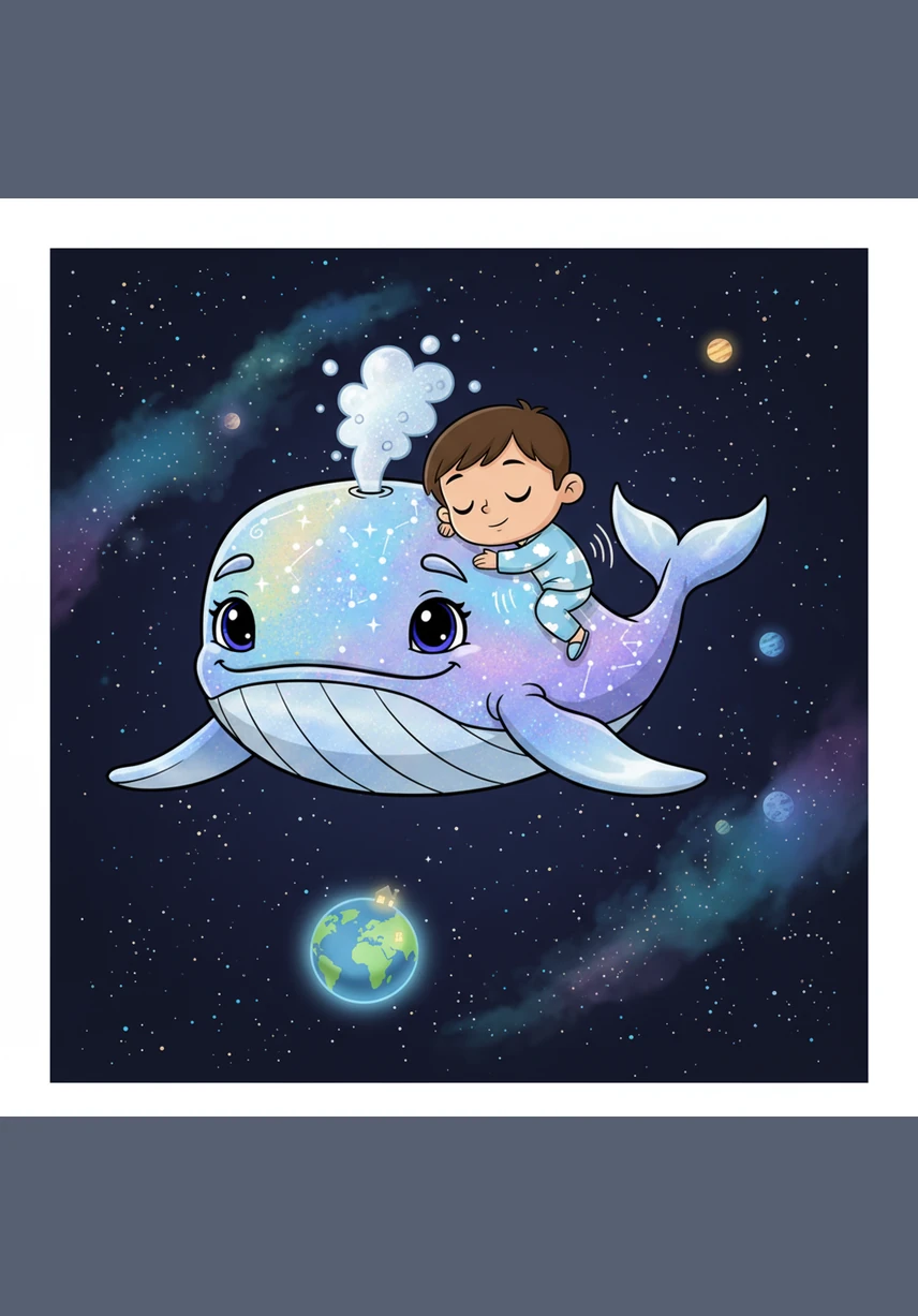The Moon-Whale turned back toward Earth, gliding through the silent, sparkling expanse of space. Oliver leaned against the whale’s soft fin, feeling the gentle hum of its song through his whole body. He felt a peaceful sleepiness washing over him as his house came into view far below.