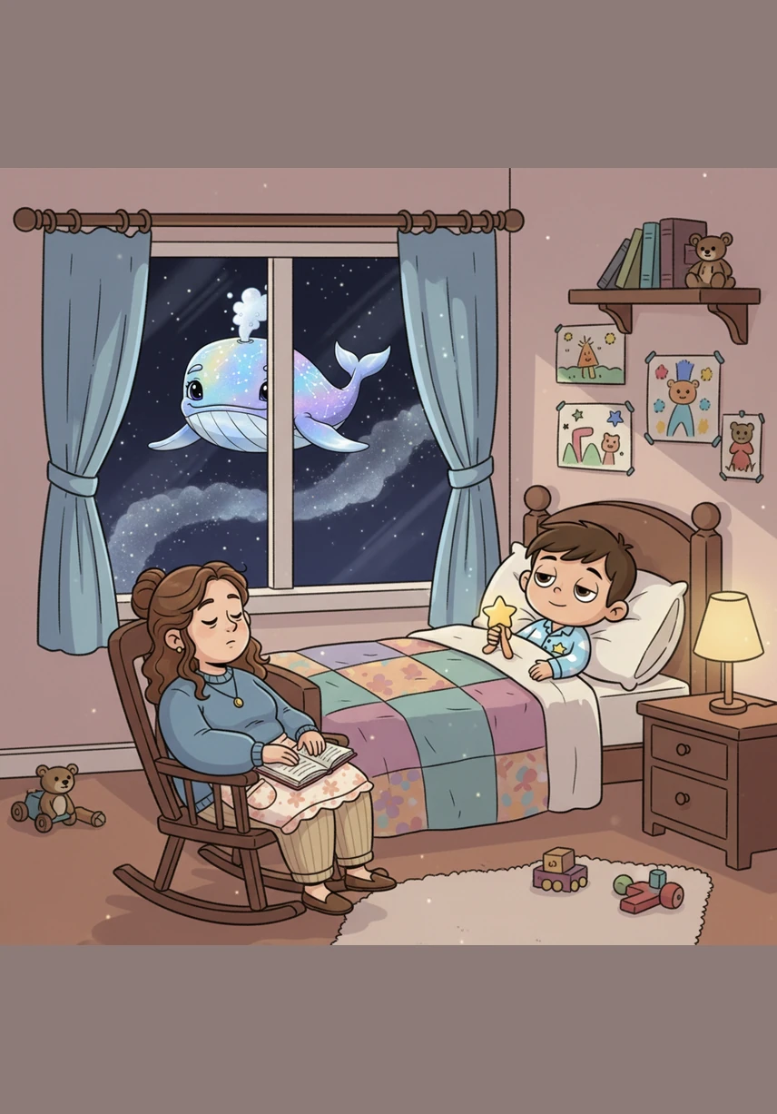 With a soft splash into a cloud, the Moon-Whale delivered Oliver back to his cozy bedroom window. He crawled back under his covers, feeling the familiar warmth of his bed once again. The whale gave a final, quiet spout of silver mist and vanished back into the deep night.
