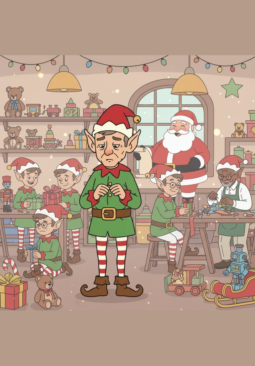 In the heart of the North Pole, Jingle the elf stands amidst a flurry of toy-making activity, feeling a strange emptiness. Despite the colorful ribbons and festive cheer surrounding him, his inner glow has dimmed, leaving him wondering why he no longer feels the holiday magic.