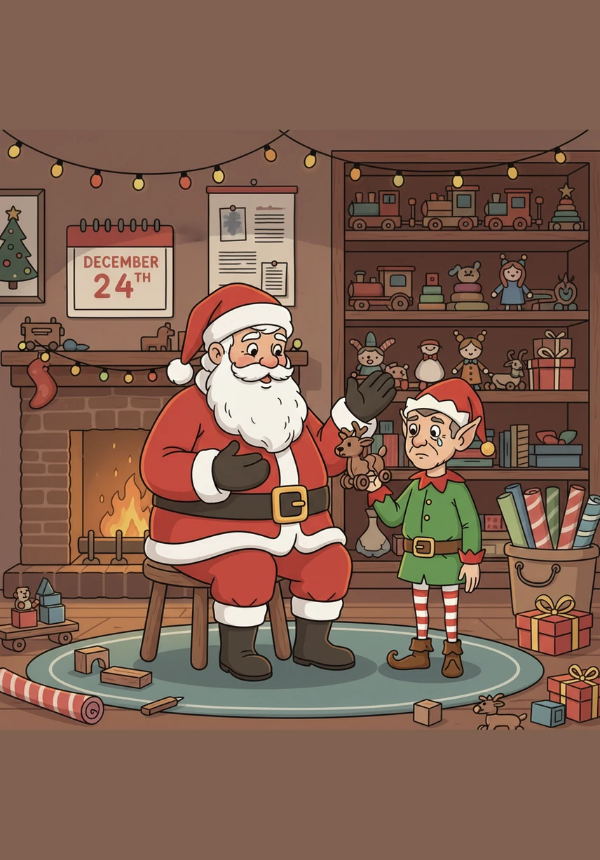 Santa Claus rests a gentle hand on Jingle’s shoulder, sensing his sadness and the loss of his spark. He points toward a glowing map of the Caribbean, telling Jingle that to find his answer, he must travel to the islands of Trinidad and Tobago to see how Christmas lives there.