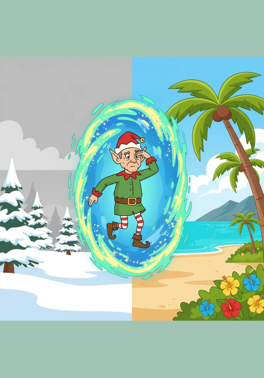 Jingle steps out of a magical portal into the warm, tropical air of Trinidad, where palm trees sway under strings of bright festive lights. Instead of snow, he finds a vibrant world filled with the scent of blooming flowers and the distant pulse of rhythmic music echoing through the streets.