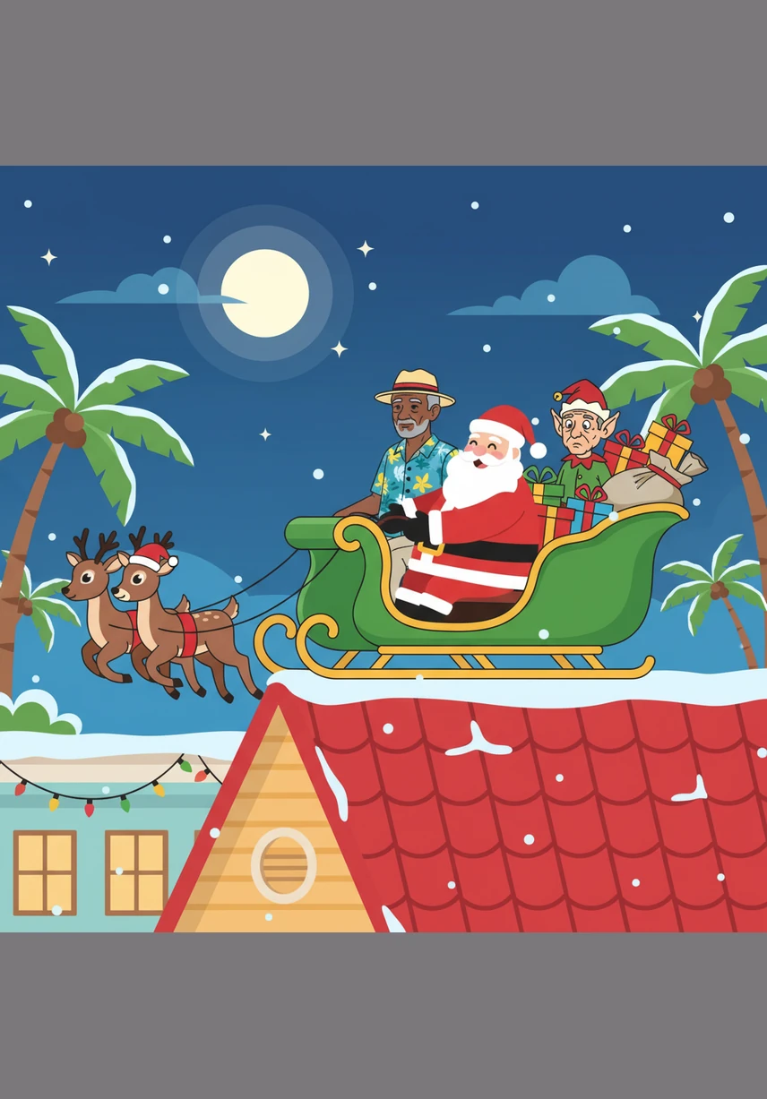 An elderly man with a kind smile meets Jingle under a large mahogany tree and shares the story of the island's faith. He explains that Christmas began here with the birth of Jesus Christ, brought to the shores centuries ago by Spanish settlers and their Roman Catholic traditions.