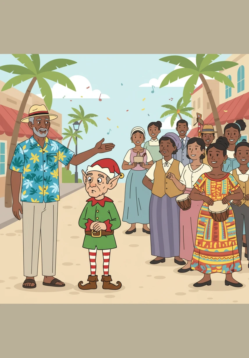 The man gestures to the diverse crowds passing by, explaining how French, British, and African cultures each added their own unique threads to the island's tapestry. Jingle listens intently as he learns how these different histories and rhythms blended together to create a one-of-a-kind celebration.