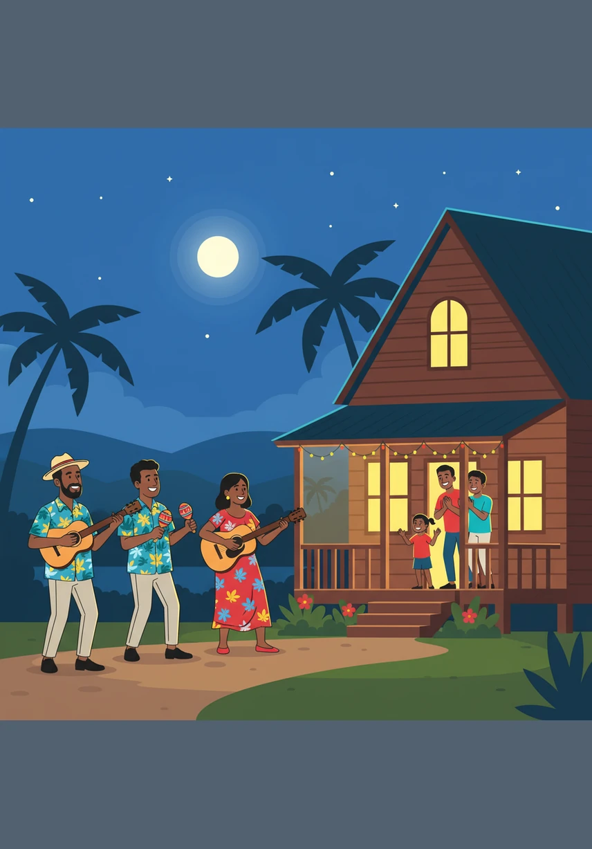 A group of Parang singers approaches a brightly decorated house, strumming cuatros and shaking maracas as they sing joyful songs in Spanish and English. Jingle watches in awe as neighbors open their doors with wide smiles, welcoming the musicians inside for food, drink, and fellowship.