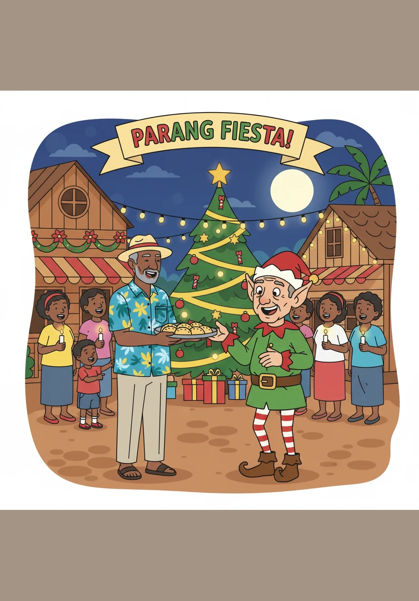 Jingle joins a group of friends gathered around a table to prepare savory pastelles, carefully wrapping the cornmeal and meat fillings in green banana leaves. He feels the warmth of their laughter and realizes that these traditions are the glue that brings the entire community together regardless of their background.