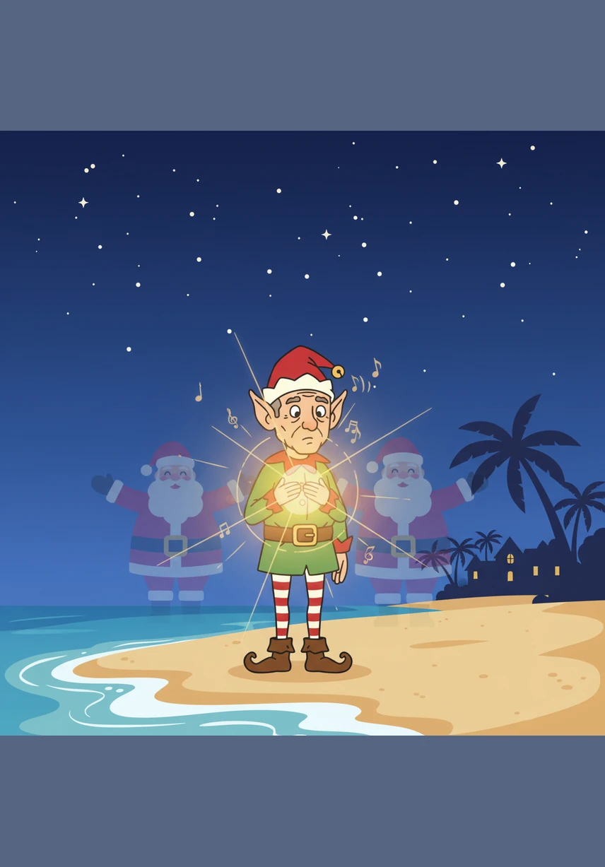 Under a vast Caribbean sky filled with twinkling stars, Jingle stands quietly as the music of the islands echoes through the night. He feels a sudden, powerful warmth radiating from his chest as his Christmas spark returns, fueled by the realization that Christmas is a story of unity and shared history.