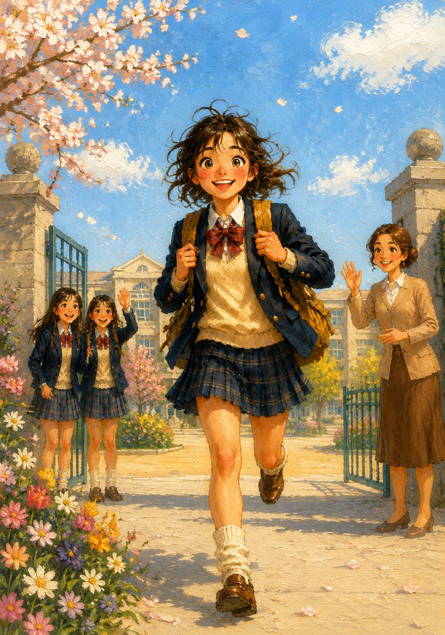 가방을 메고 열심히 달린 지우는 마침내 정든 학교 교문을 단숨에 통과합니다. 맑고 푸른 하늘 아래 교정에 핀 예쁜 꽃들이 지우의 등교길을 응원하듯 반갑게 맞이해 줍니다.