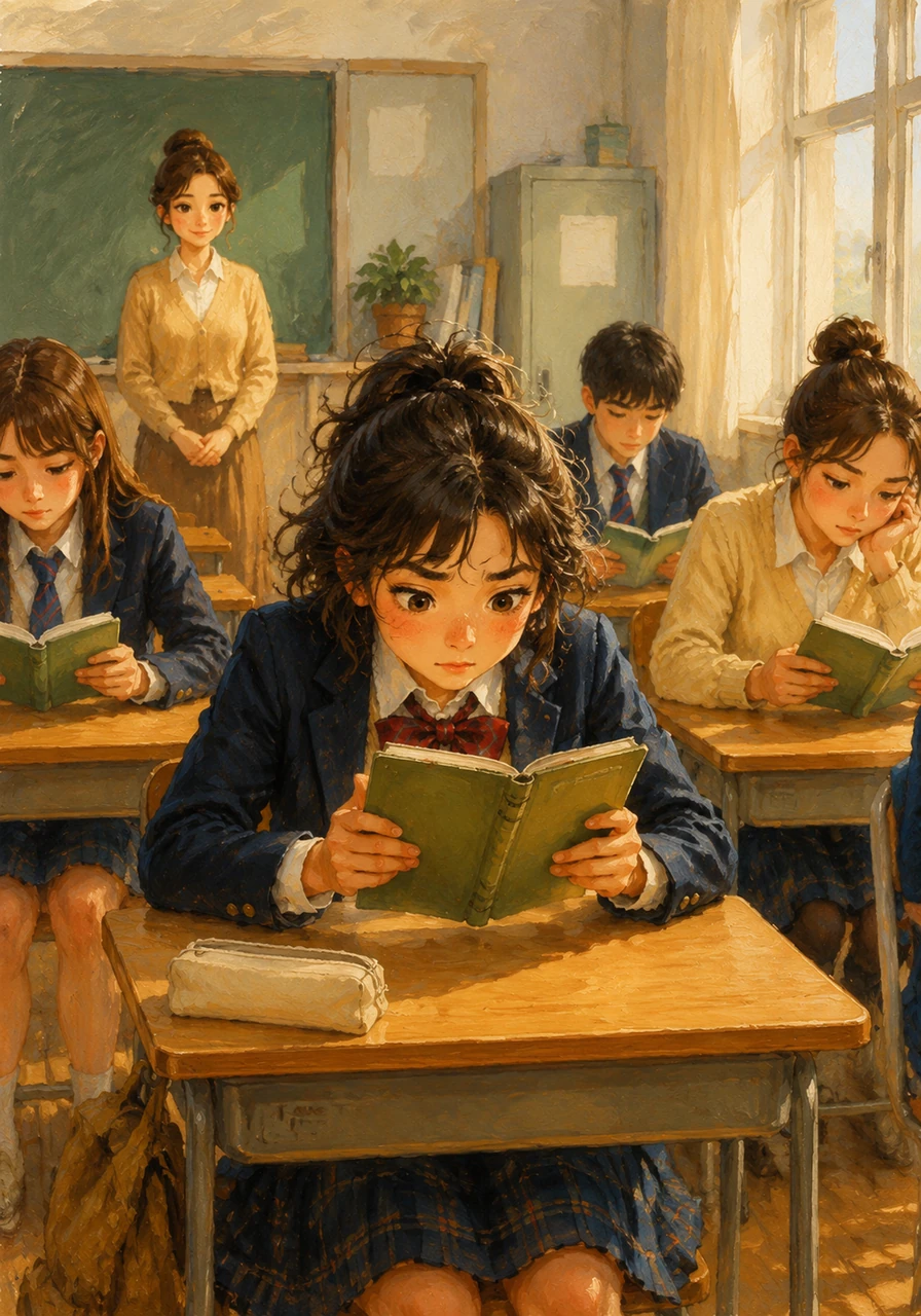 교실에 앉은 지우는 시험 시작 직전까지 오답 노트를 뚫어져라 바라보며 마지막 스퍼트를 올립니다. 주위의 친구들도 각자 책을 보며 긴장된 마음으로 시험지를 기다리고 있습니다.