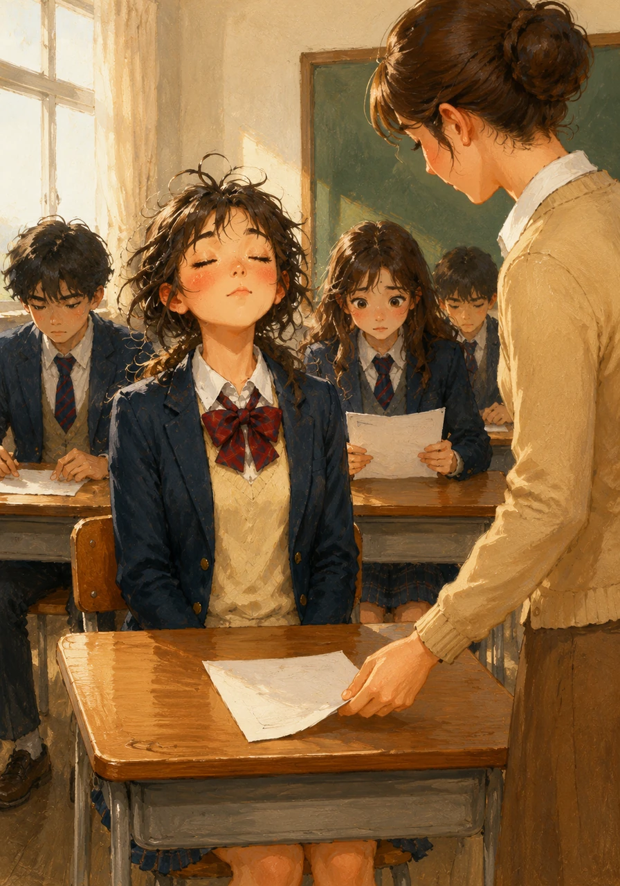 선생님이 교실로 들어와 시험지를 나누어 주자 지우는 깊은숨을 들이쉬며 마음을 가다듬습니다. 하얀 시험지가 책상 위에 놓이는 순간 교실 안에는 팽팽한 긴장감이 감돕니다.