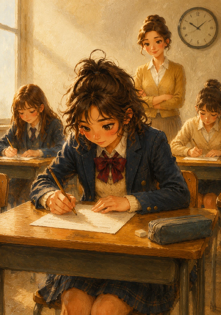 연필을 쥔 지우가 고개를 숙이고 집중해서 한 문제씩 답을 내려가기 시작합니다. 째깍거리는 시계 소리 속에서 지우의 연필 끝은 멈춤 없이 바쁘게 종이 위를 움직입니다.