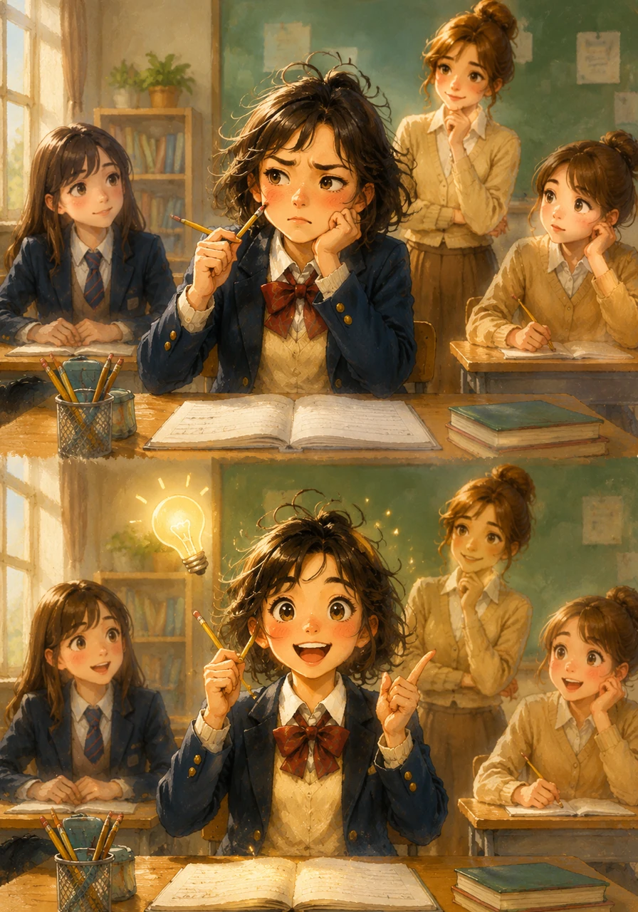 잠시 어려운 문제를 만난 지우가 연필 뒷부분으로 볼을 콕콕 찌르며 귀엽게 고민에 잠깁니다. 미간을 살짝 찌푸린 채 생각을 거듭하던 지우의 눈이 반짝이며 좋은 아이디어가 떠오릅니다.