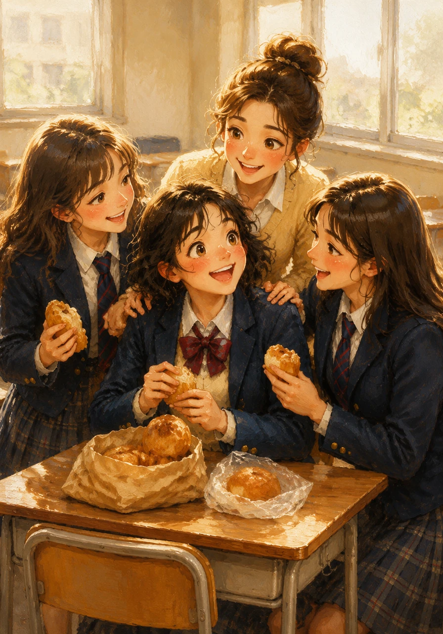 시험이 끝나자마자 절친한 친구들이 지우의 책상 주변으로 모여들어 서로를 토닥이며 환하게 웃습니다. 매점 빵을 나누어 먹으며 시험 이야기를 나누는 아이들의 모습이 무척이나 싱그럽습니다.