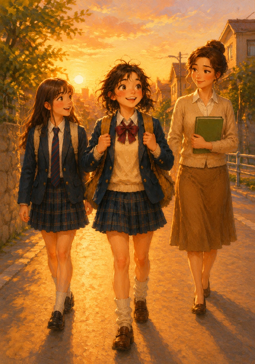 하교하는 길, 지우는 가벼워진 발걸음으로 노을빛이 아름답게 물든 거리를 친구들과 함께 걸어갑니다. 오늘 하루 최선을 다한 자신에게 스스로 따뜻한 칭찬을 건네며 지우는 행복한 미소를 지어 보입니다.