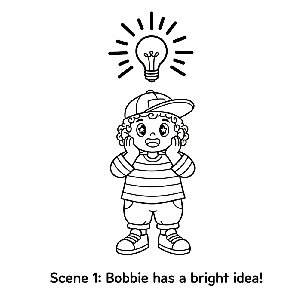 Bobbie, a cheerful child, has a bright idea! A little lightbulb pops up above Bobbie's head, glowing with excitement. Bobbie's eyes sparkle with a new