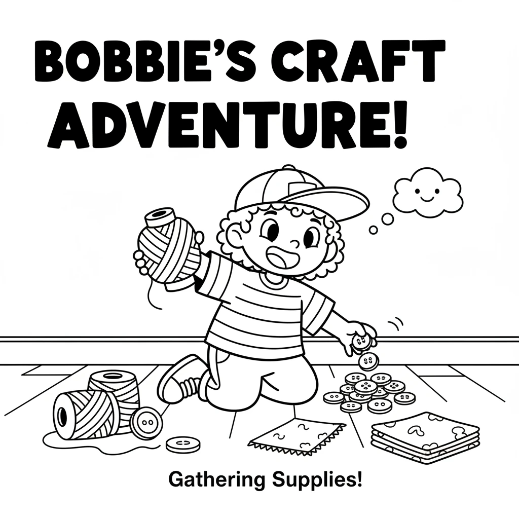 Bobbie gathers colorful crafting supplies. There are big spools of yarn, shiny buttons, and soft fabric scraps. Everything is ready for a new project.