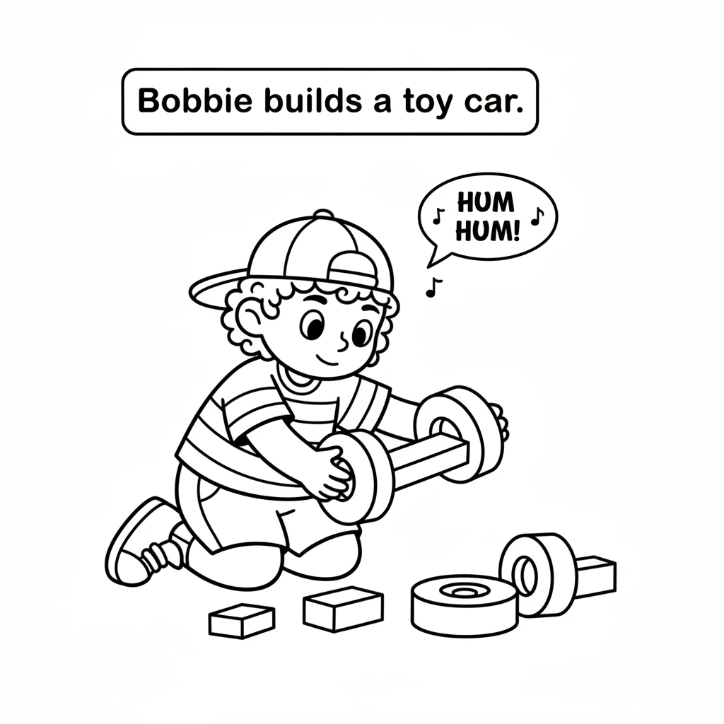 With a happy hum, Bobbie builds a toy car. It has big, round wheels and a sturdy body, perfect for zooming around. Bobbie carefully puts the pieces to