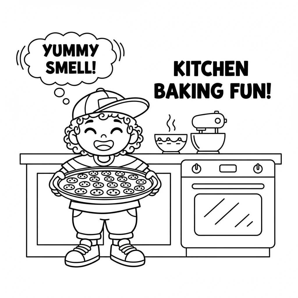 In the kitchen, Bobbie bakes delicious cookies. The sweet aroma fills the air, making Bobbie smile. Round, yummy cookies are lined up on a tray.