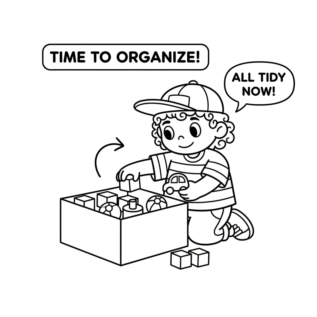 Time to organize! Bobbie puts all the toys neatly into a big toy box. Cars, blocks, and balls find their proper places. Everything is now tidy and eas