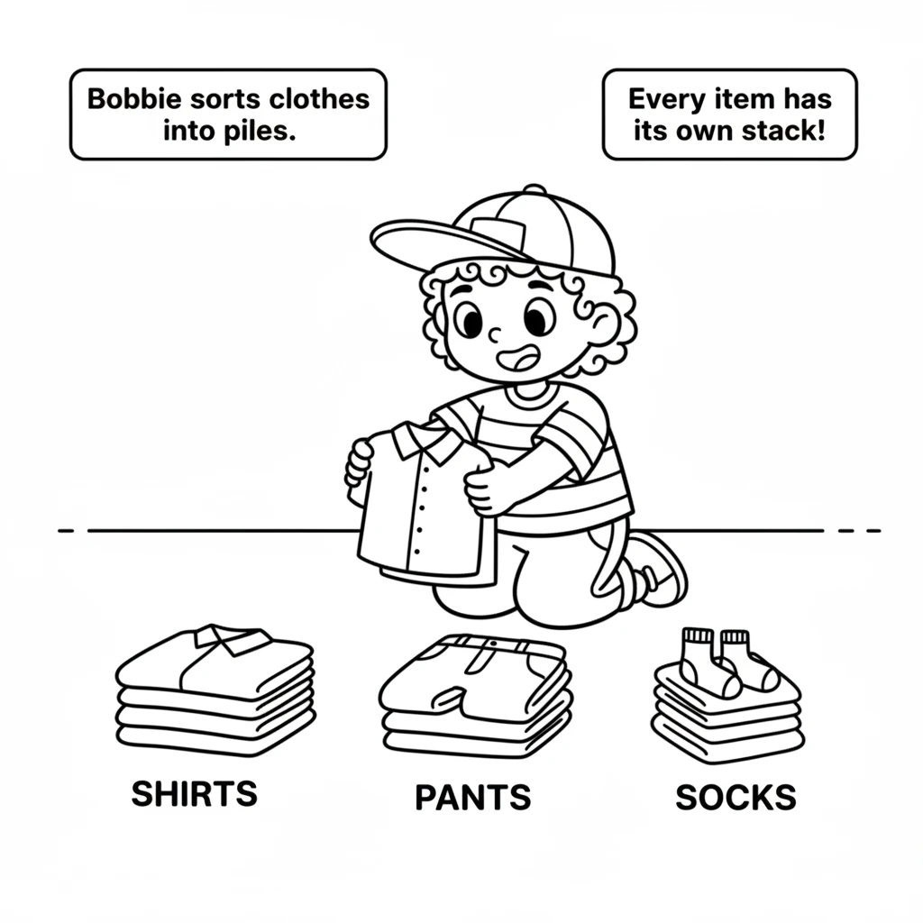 Then, Bobbie sorts clothes into piles. Shirts, pants, and socks are all folded just right. Bobbie makes sure every item has its own stack.