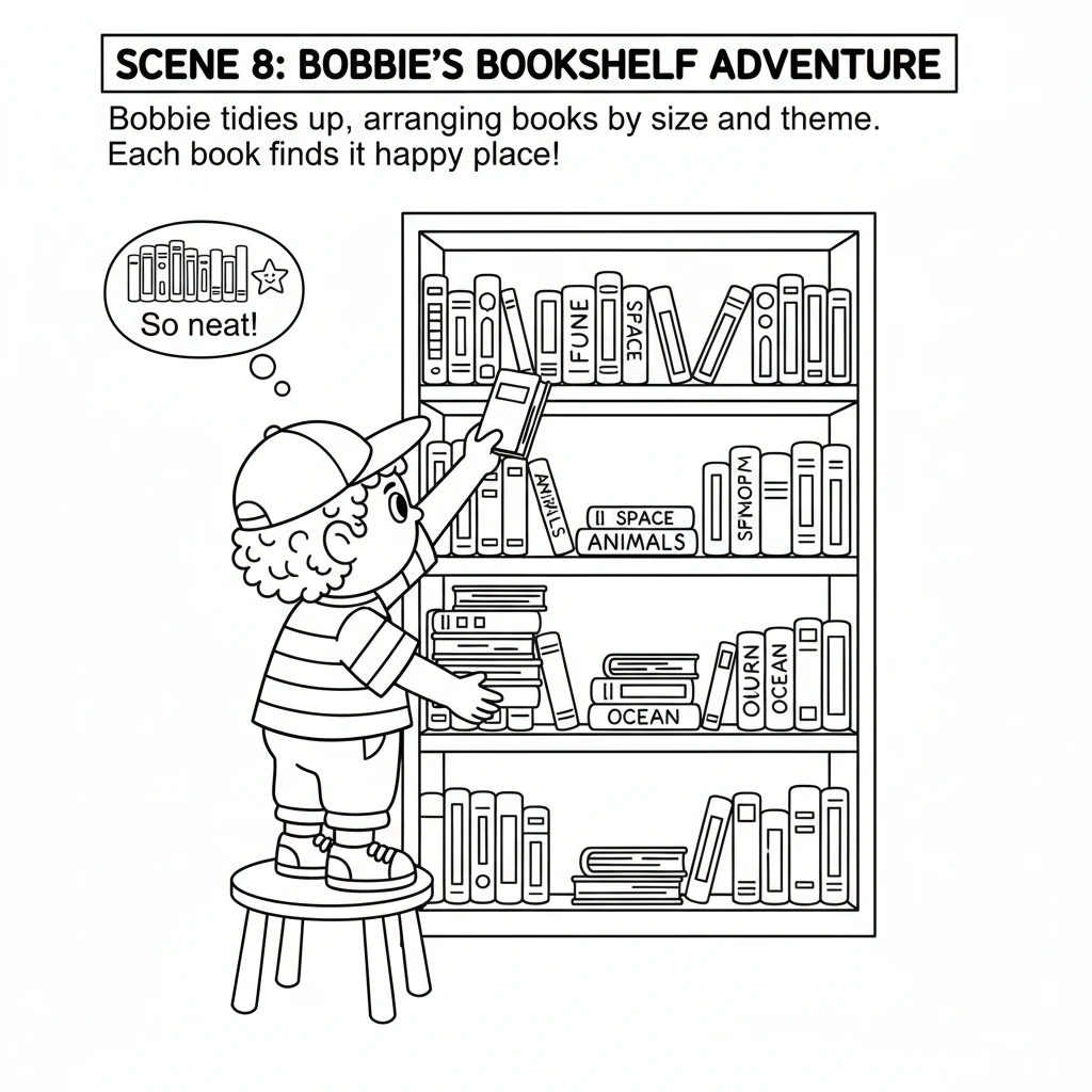 Bobbie tidies up the bookshelf, arranging books by size and color. Each book has its own special spot. The shelves look neat and inviting.