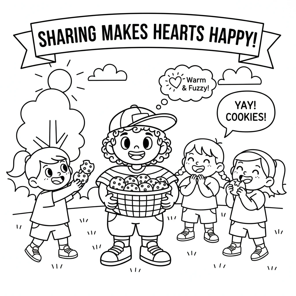 Bobbie shares all the wonderful "goods" with friends. Everyone smiles and laughs together, enjoying the creations. Sharing makes Bobbie's heart feel w