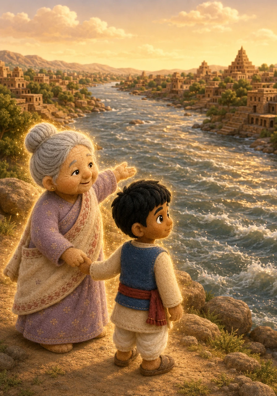 In a flash of golden light, Kabir found himself standing beside a massive, roaring river that stretched as far as the eye could see. Dadi explained that this was the mighty Indus River, known locally as the Sindhu, where ancient travelers first marveled at the thriving civilization along its banks. The ancient Persians mispronounced the river's name, calling the land and its people Hindu.