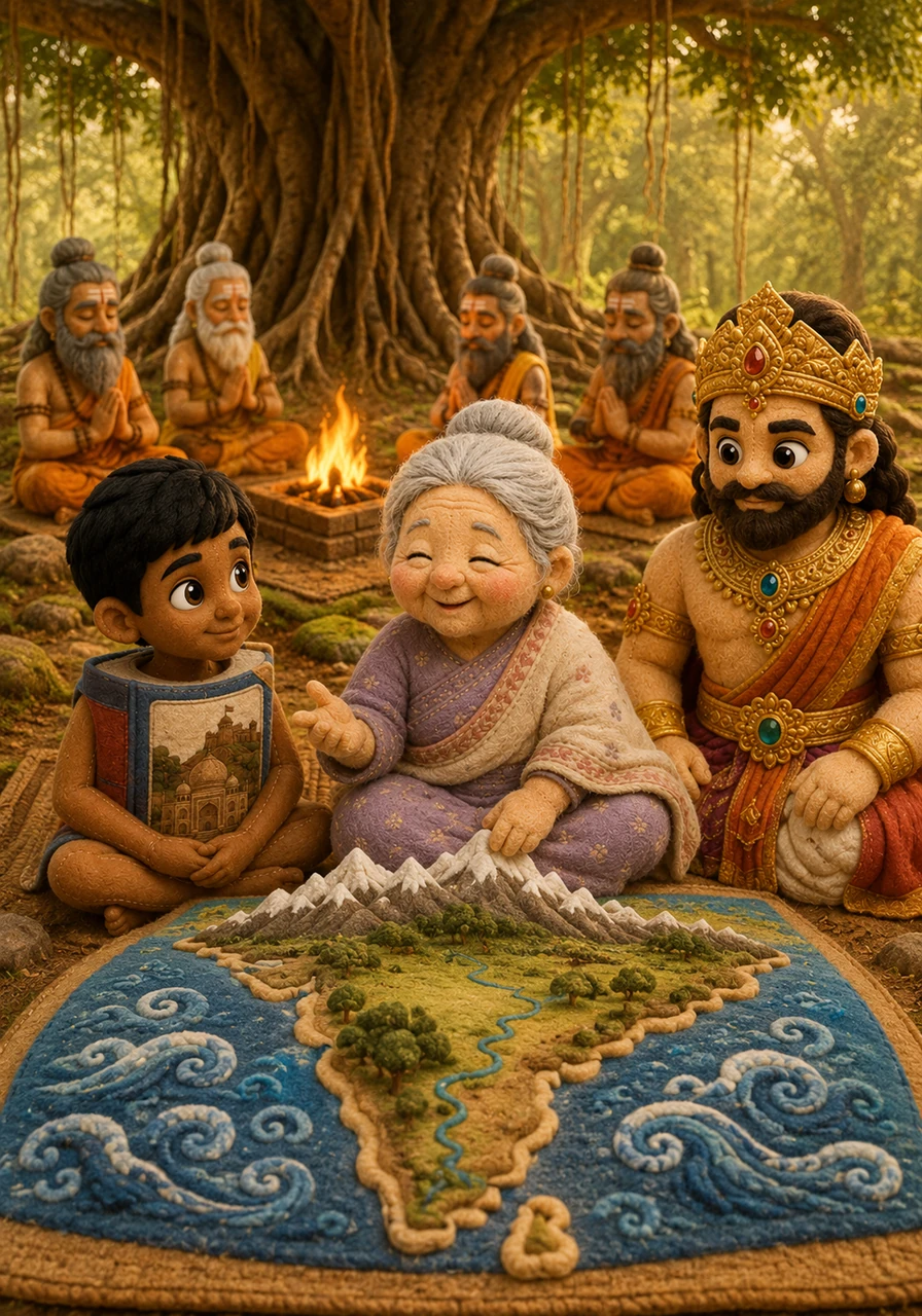 The scenery dissolved into a magnificent Vedic forest, where wise sages chanted hymns around a sacred fire beneath a canopy of ancient banyan trees. Dadi told Kabir of the ancient text, the Vishnu Purana, which described a land south of the snowy Himalayas and north of the ocean. This sacred geography was proudly named Bharatam, the home of the descendants of Bharata.