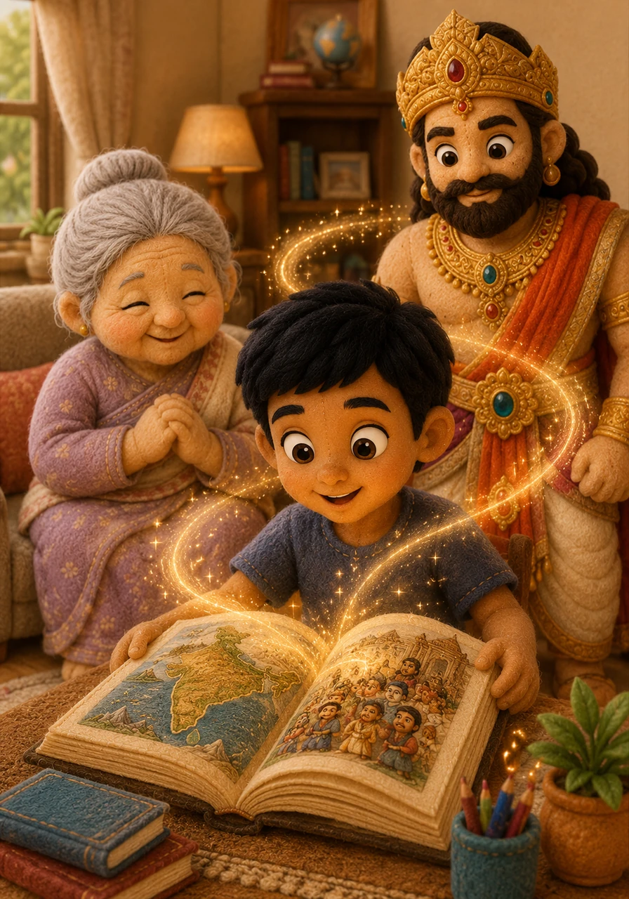 With a gentle swirl of stardust, Kabir found himself back in his cozy living room, looking down at his open textbook with newfound wonder. He realized that his country was not just a spot on a map, but a living, breathing epic written by millions of people across thousands of years. The words on the page no longer seemed confusing, but rather like an invitation to an endless adventure.