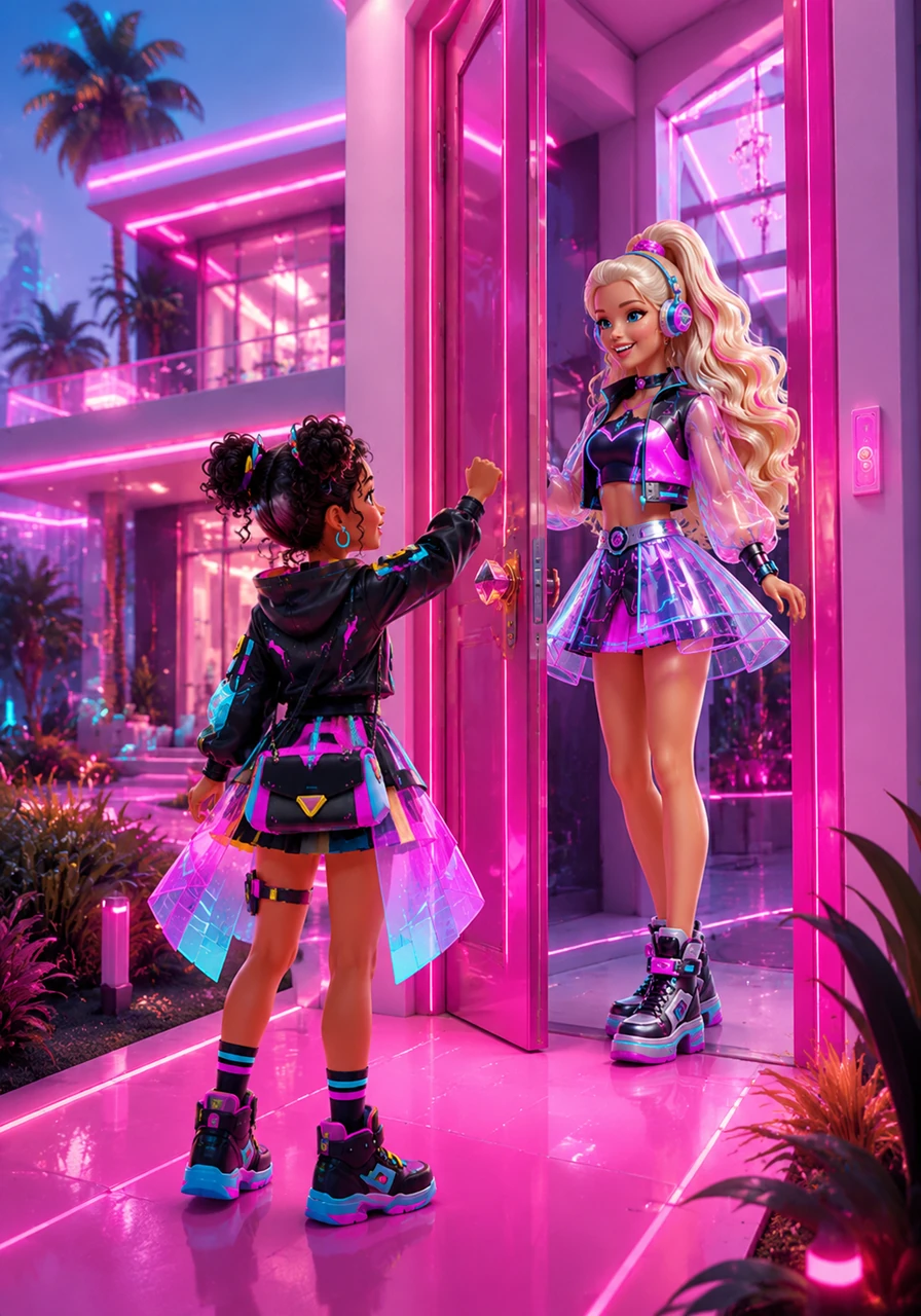 Melani walked up the bright pink pathway, her heart buzzing with excitement to finally see Barbie's famous Dreamhouse. She knocked gently on the grand front door, clutching her little handbag and smiling wide.