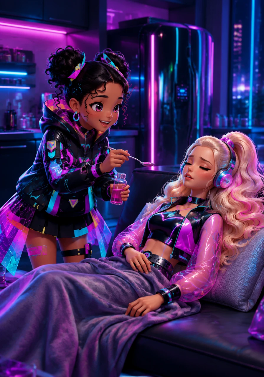 Wanting to help her friend feel better, Melani remembered seeing medicine in the big, shiny refrigerator in the kitchen. She carefully poured a spoonful of the soothing remedy and brought it over to the couch.