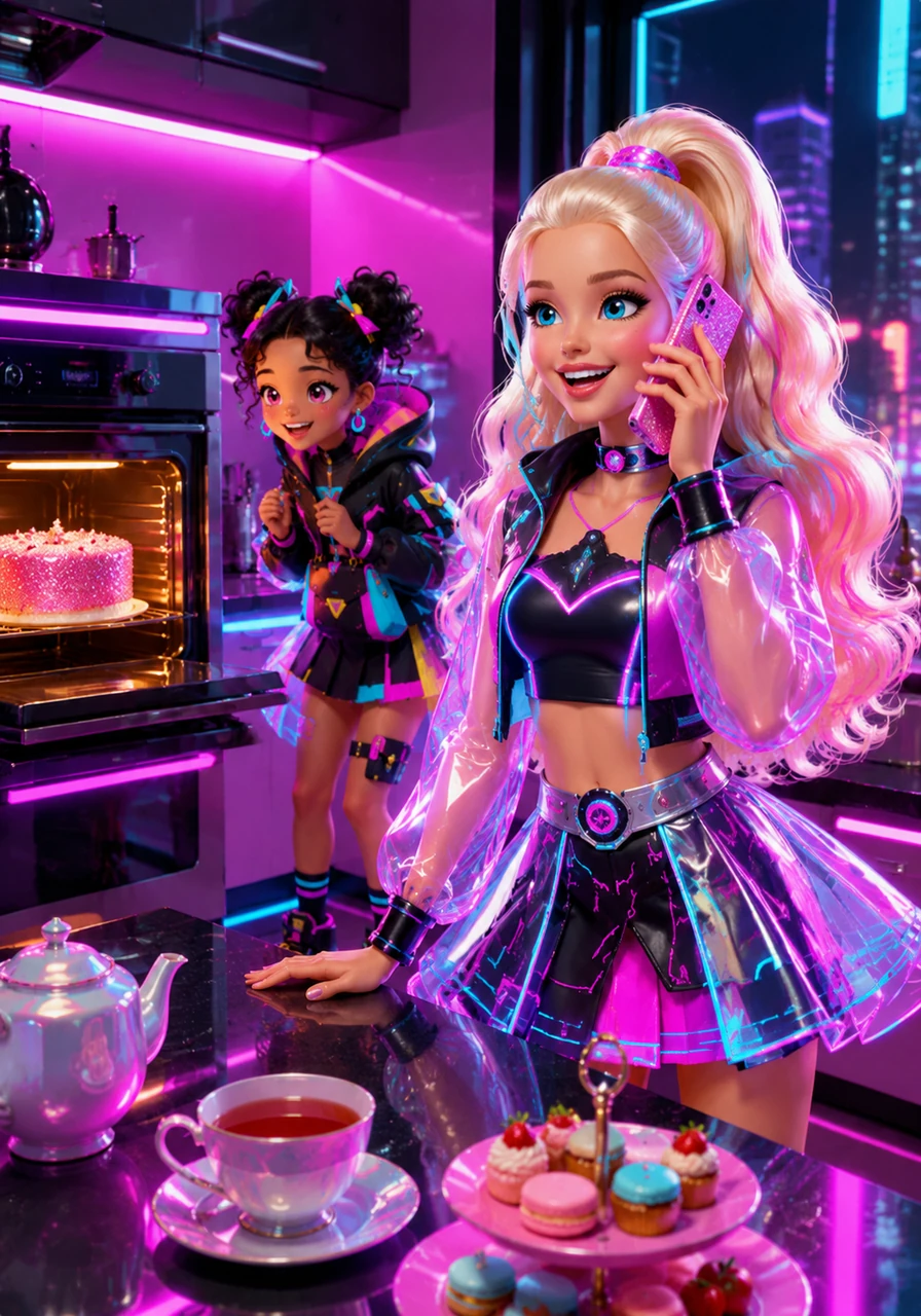 While the cake was rising beautifully in the oven, Barbie picked up the glittery pink phone to call Ken. She asked him if he could stop by the market and bring over some extra treats to complete their afternoon tea.