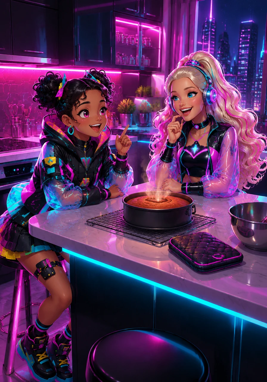 Sitting around the kitchen island, Melani and Barbie passed the time by taking turns telling the funniest jokes they knew. The room echoed with their cheerful giggles and bright smiles as they waited for the cake to cool.