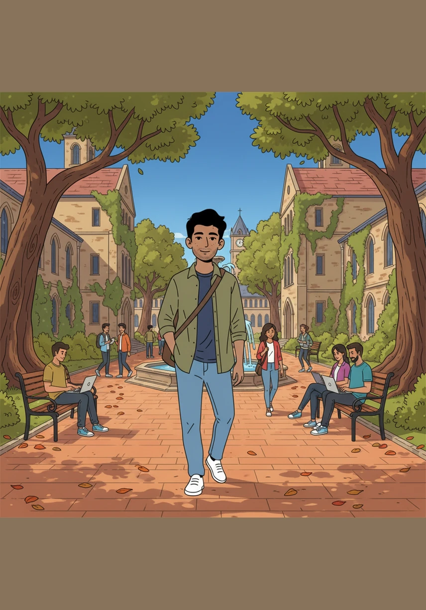 Arjun walks through the main gates of the college, adjusting his backpack strap as he checks his phone for the room number of his first lecture. The morning sun highlights the faded paint of the entrance pillars and the rows of dusty motorbikes parked in a cluttered line nearby.