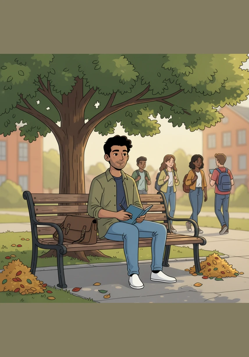 During a quick break between classes, Arjun sits on a weathered stone bench in the courtyard, casually scrolling through his social media feed. The background is filled with the soft blur of other students moving between the old, sun-drenched classroom buildings under the harsh midday light.