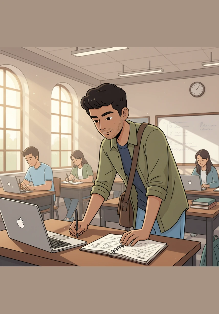Inside a high-ceilinged classroom, Arjun leans forward in his wooden desk, listening intently to the professor while taking messy notes. The natural light from the large windows reveals the realistic texture of his skin and the slightly wrinkled fabric of his navy blue t-shirt.