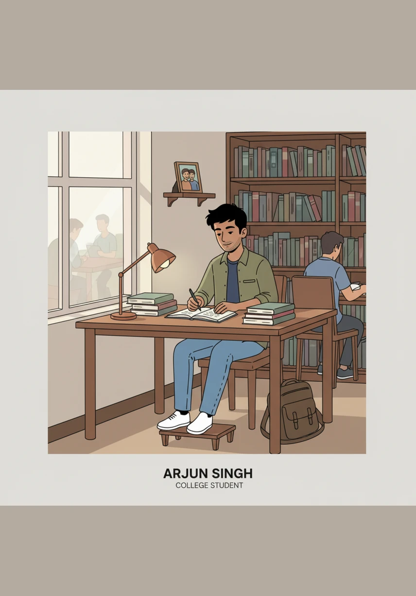 Arjun spends his afternoon in the quiet library, tucked away in a corner with a thick textbook and a half-filled notebook. The soft grain of the image and the realistic shadows create a sense of calm and academic dedication as he pushes back his messy black hair.