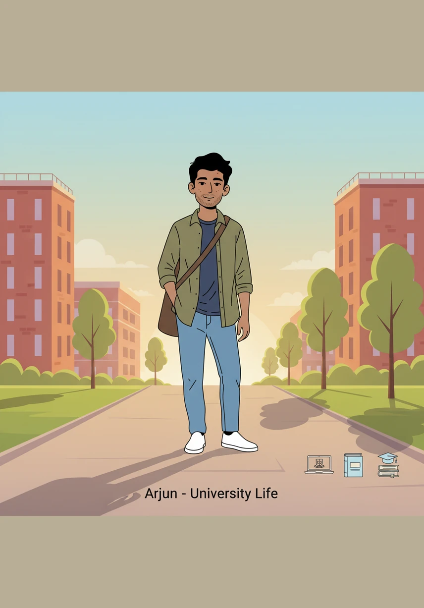 He walks across the campus grounds as the afternoon sun begins to dip, his posture relaxed and slightly slouched. The vibrant life of the college continues around him, with blurred figures of students gathered near the sports field in the distance.