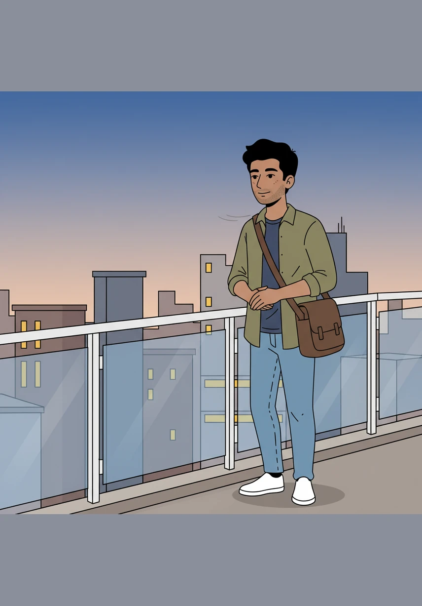 While waiting for his final lab session, Arjun stands by a balcony railing, looking out over the sprawling, dusty campus. A light breeze ruffles his uncombed hair, and the warm phone-camera processing gives the scene a nostalgic, everyday glow.