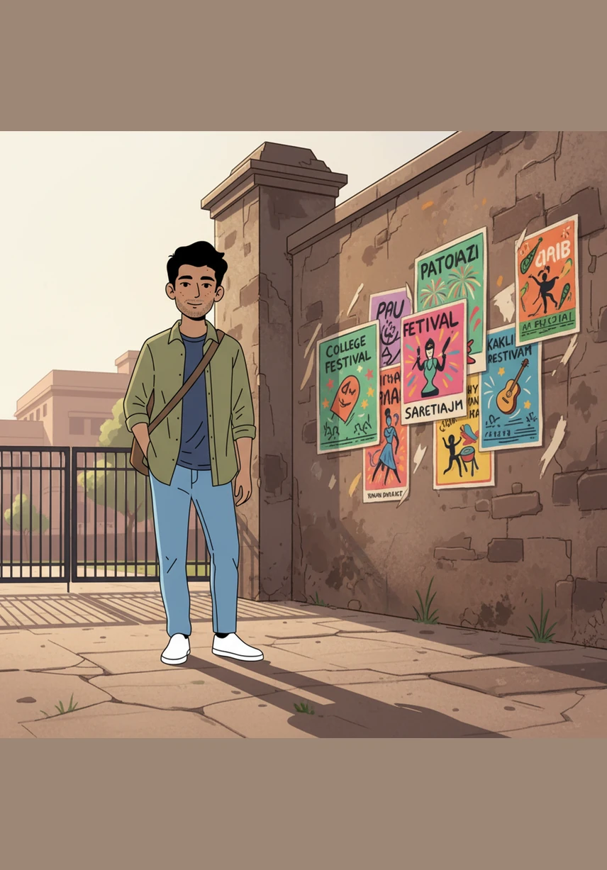 Arjun heads toward the exit, passing the colorful, hand-painted posters for the upcoming college festival. The low-angle sunlight casts long, dramatic shadows across the pavement, emphasizing the realistic, unpolished textures of the campus walls.